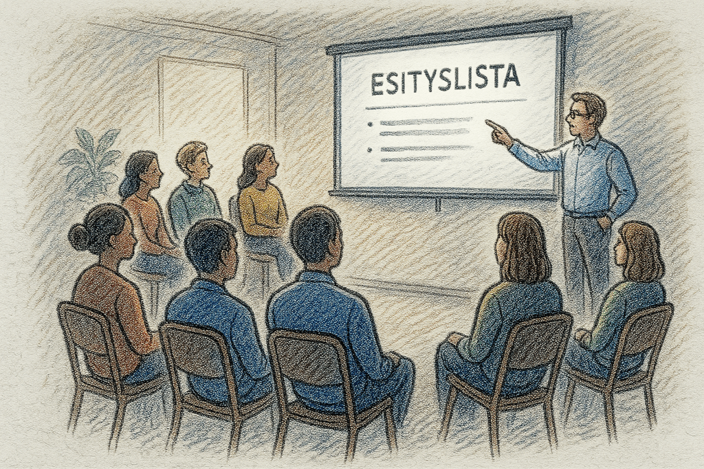 Ihmisiä kokouksessa katsomassa ruudulle jaettua esityslistaa