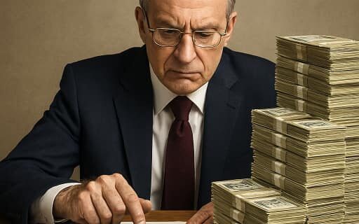 Kuvitteellinen valtiovarainministeri laskemassa rahaa